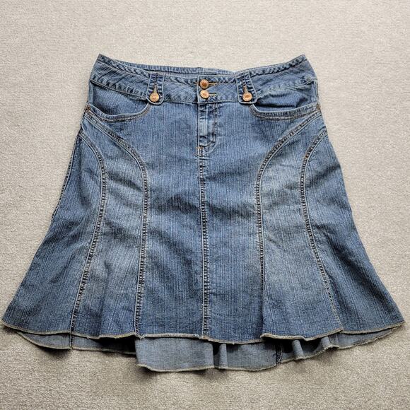 Vintage Rewind Jean Skirt Size 15 Blue Washed Denim Paneled Flared Western - Picture 1 of 8